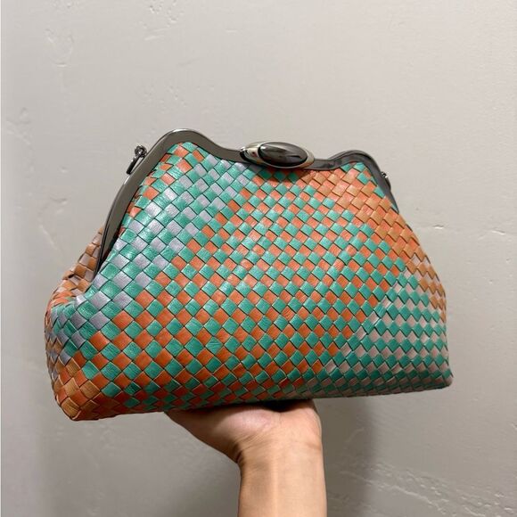 Colorblock Woven Cowhide Handmade Custom Metal Frame Handbag, Multi Use Style - Picture 11 of 16
